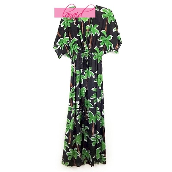 NEW Cooper Ella Jessa Caftan Maxi Dress Tropical Palm Tree V-Neck Surplice Long - Picture 9 of 12